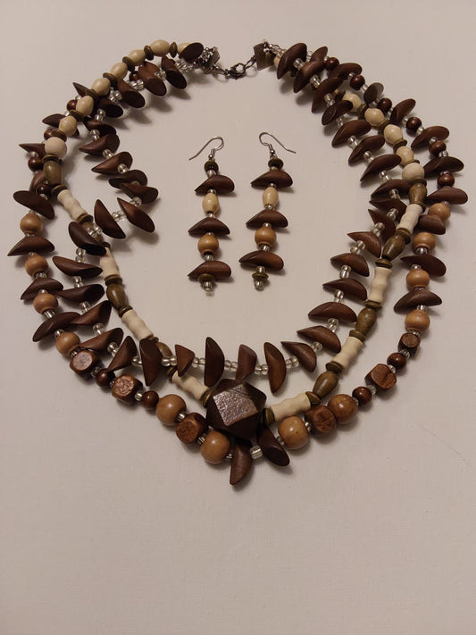 Brown Ivory Beige Beaded Necklace and Earrings Set