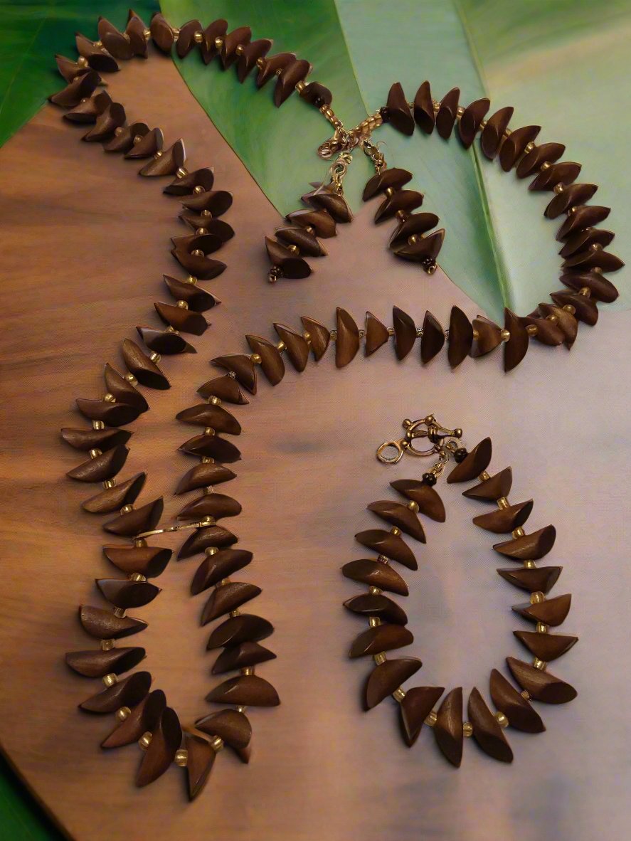 Brown Wood Petal Beads with Gold Insert Clear Beads 