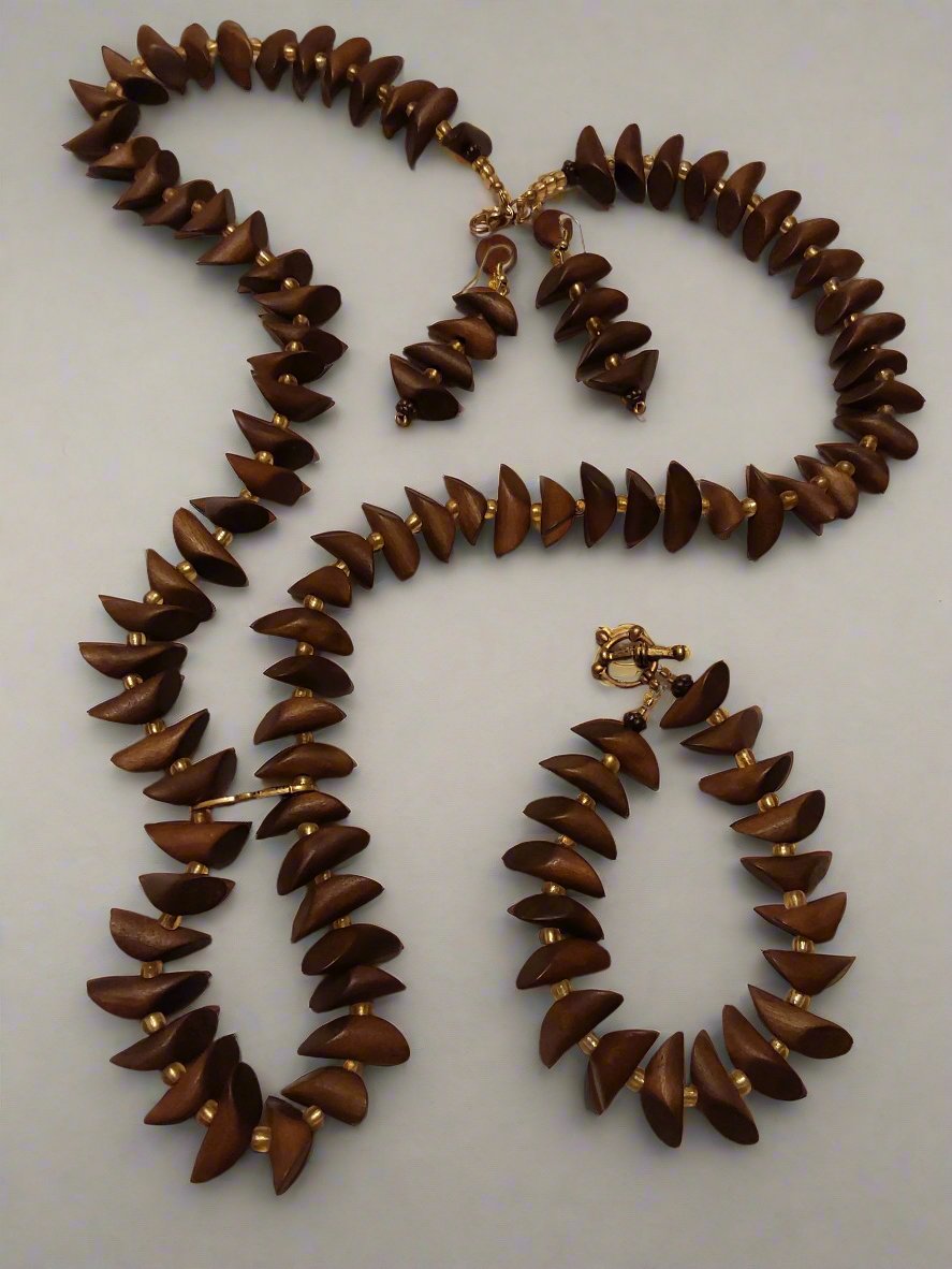 Brown Wood Petal Beads with Gold Insert Clear Beads 