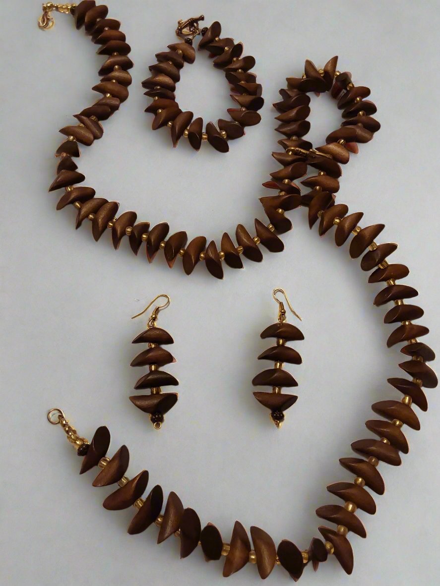 Brown Wood Petal Beads with Gold Insert Clear Beads 